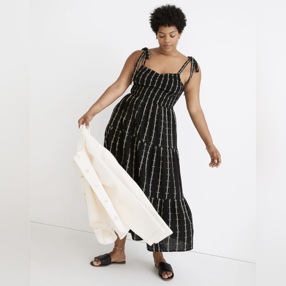 Madewell Lucie Tie-Strap Tiered Midi Dress in Jacquard Stripe M